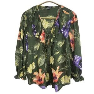 Lauren Ralph‎ Lauren Black Label Top S Floral Ruffle V-Neck Peasant Boho